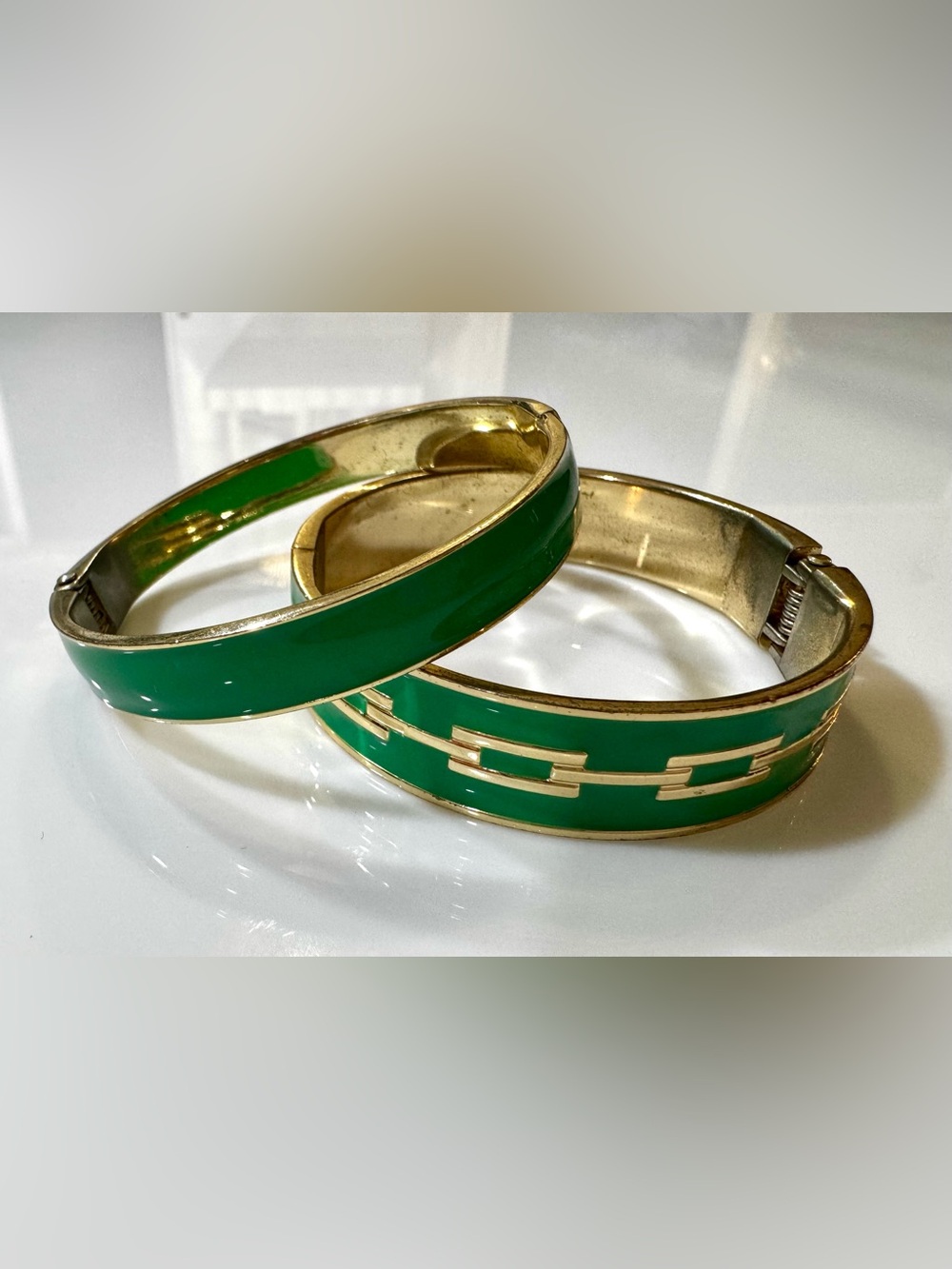 Green Enamel Gold Hinged Bangle Bracelet Set of 2 Kelly Green
